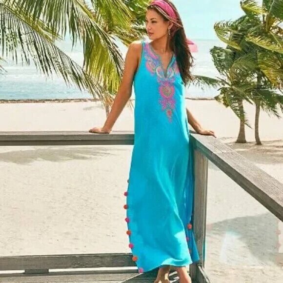 Lilly Pulitzer Dresses & Skirts - Lilly Pulitzer Nolia Maxi Dress Cover Up Turquoise Oasis Embroidered